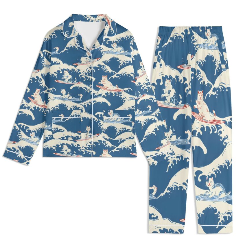 Surfing Cats - Unisex Long Sleeve Adult Nightwear Pajama Set - Image 11