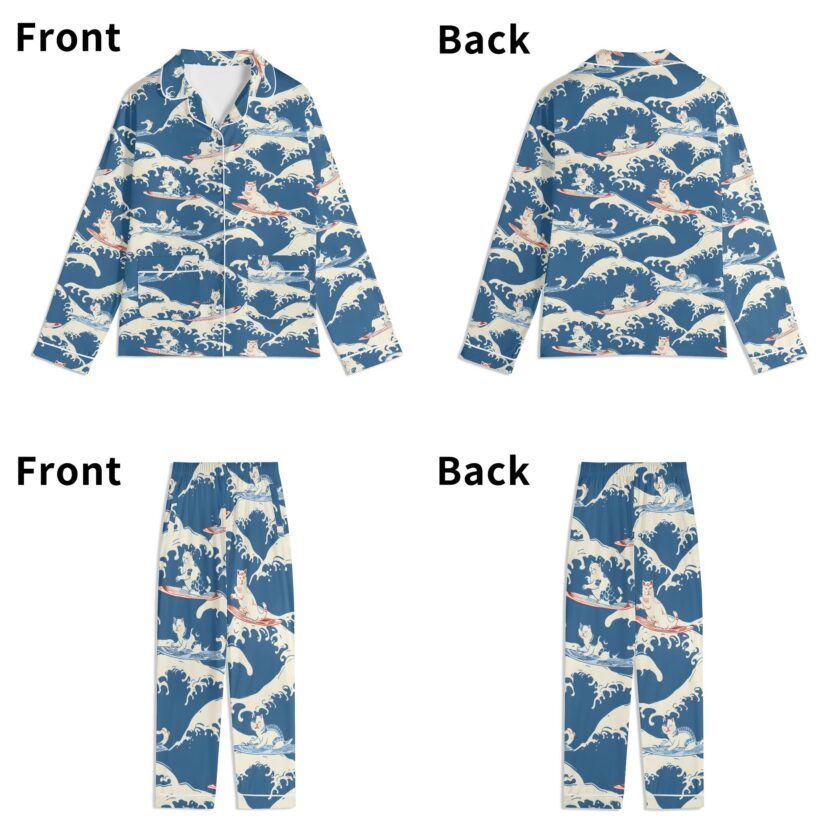 Surfing Cats - Unisex Long Sleeve Adult Nightwear Pajama Set - Image 20