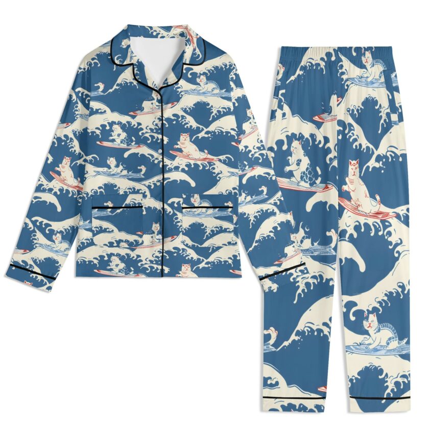 Surfing Cats - Unisex Long Sleeve Adult Nightwear Pajama Set