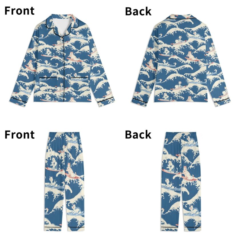 Surfing Cats - Unisex Long Sleeve Adult Nightwear Pajama Set - Image 10