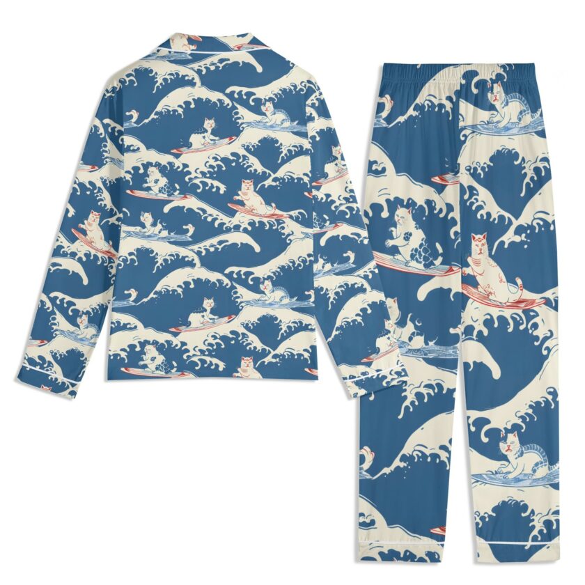 Surfing Cats - Unisex Long Sleeve Adult Nightwear Pajama Set - Image 12