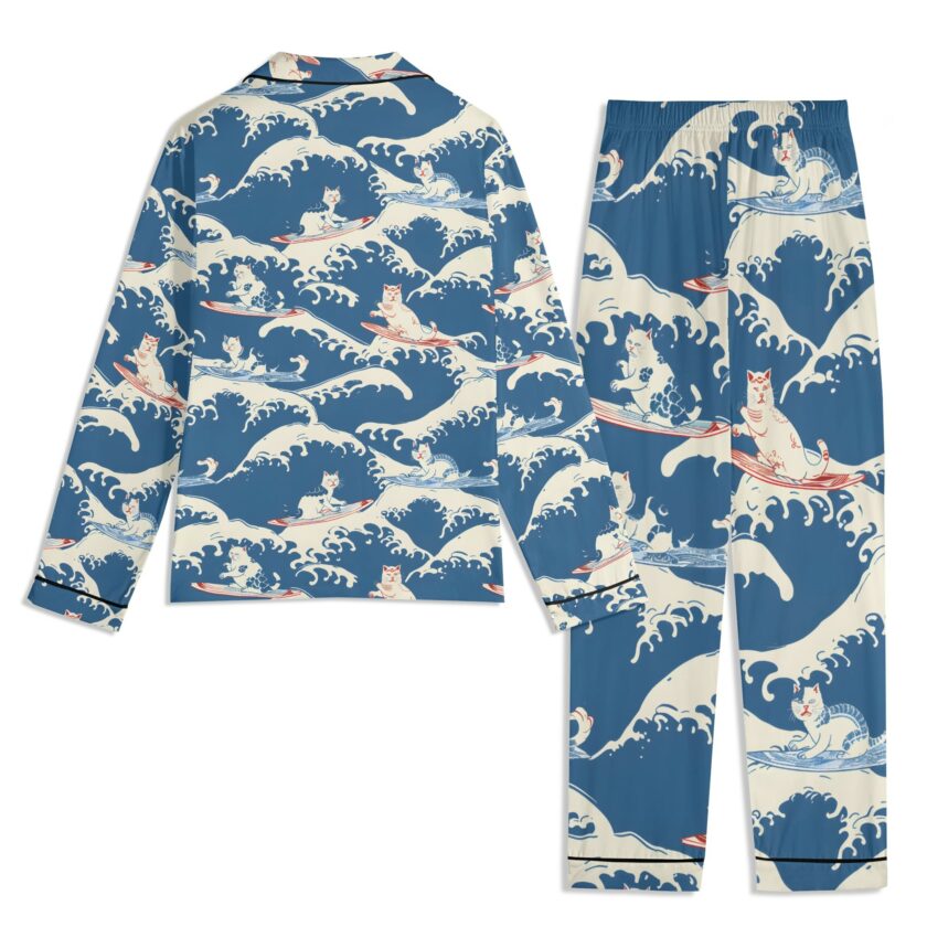 Surfing Cats - Unisex Long Sleeve Adult Nightwear Pajama Set - Image 2