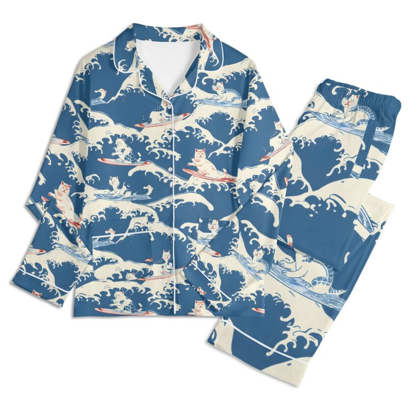 Surfing Cats - Unisex Long Sleeve Adult Nightwear Pajama Set - Image 13