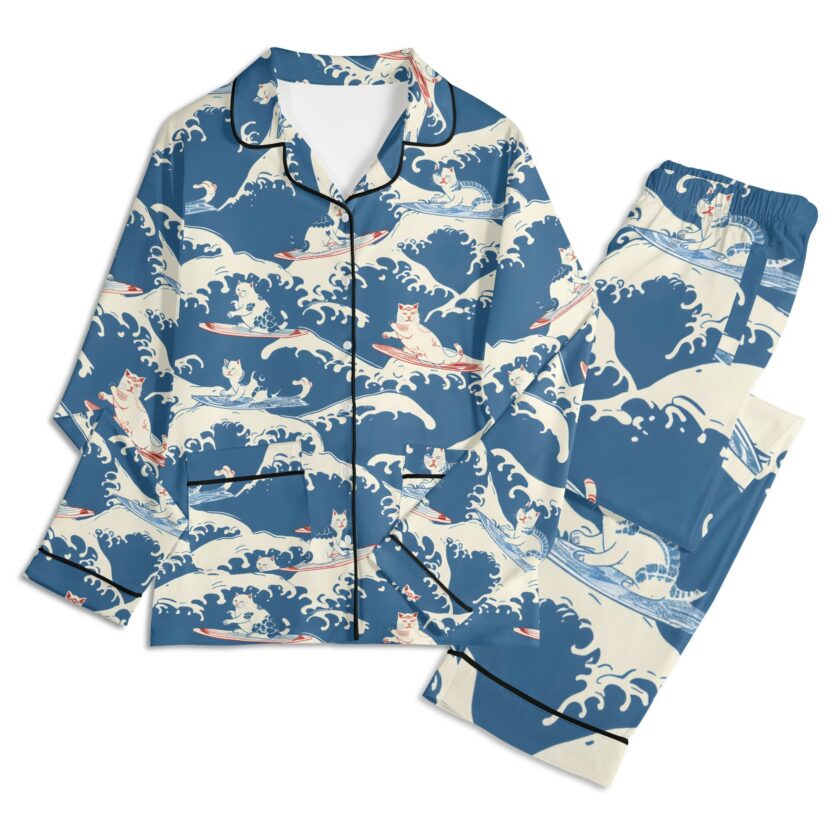 Surfing Cats - Unisex Long Sleeve Adult Nightwear Pajama Set - Image 3