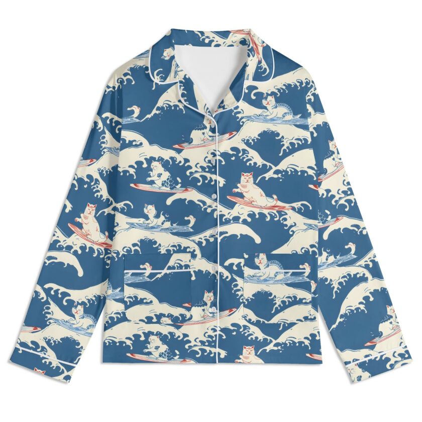 Surfing Cats - Unisex Long Sleeve Adult Nightwear Pajama Set - Image 14