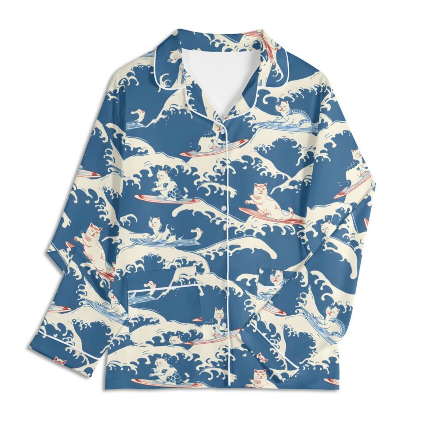 Surfing Cats - Unisex Long Sleeve Adult Nightwear Pajama Set - Image 15